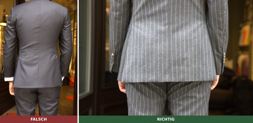 Comparison of jacket length from behind: wrong, too short with drag lines; right, with the seat covered