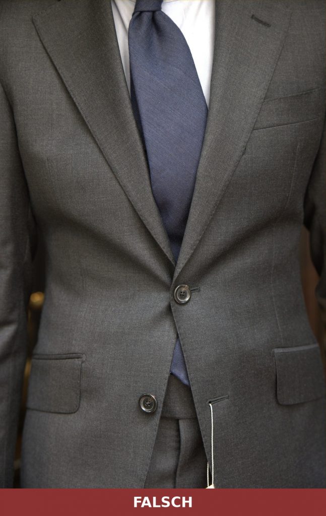 Wrong: the button pulls the cloth together and X-shaped tension lines appear