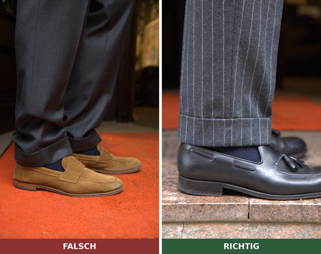 Comparison of trouser length: wrong with too much break, right with a light break